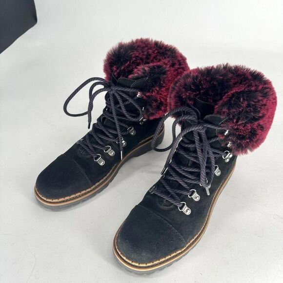 Sam Edelman Women’s Boots Bowen Black Suede Pink Fur Trim Lace Up Combat Sz 8 - Picture 2 of 7